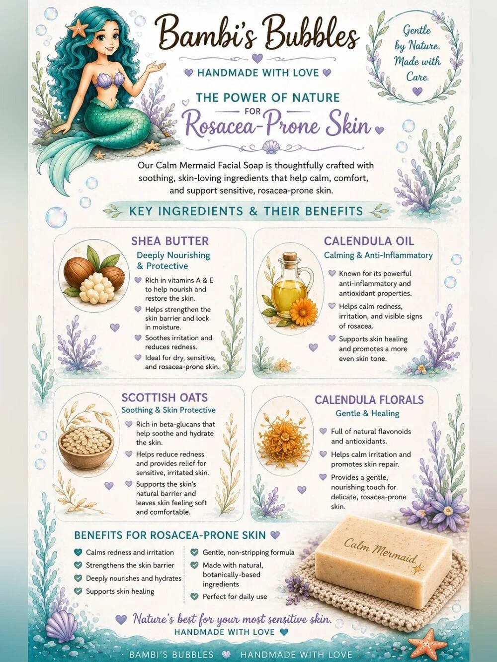 New! As Requested Calm Mermaid Facial Soap - Gentle Oatmeal & Calendula 4oz Bar